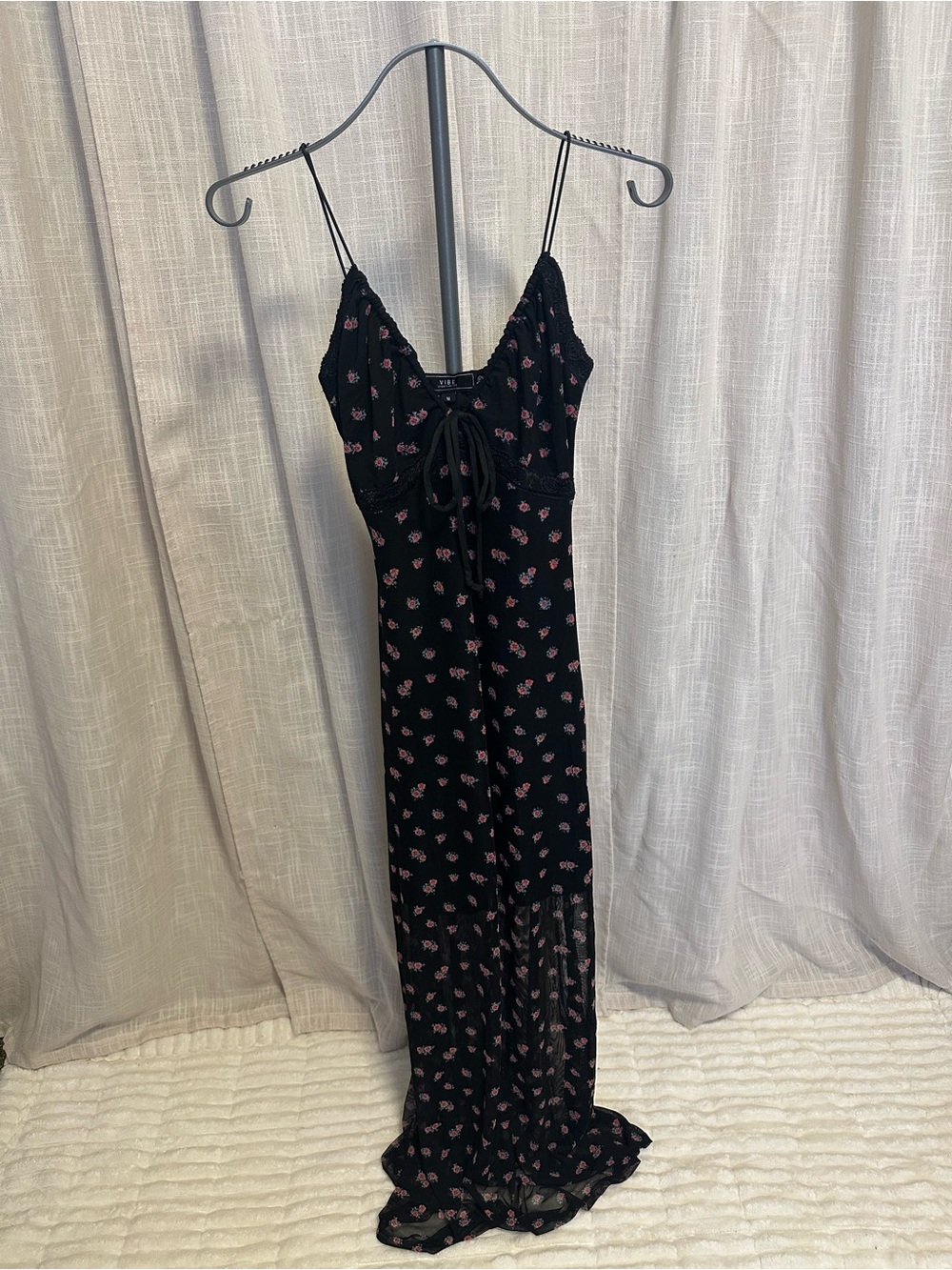 Women's Black Maxi Slip Dress with Pink Floral Print and Front Tie